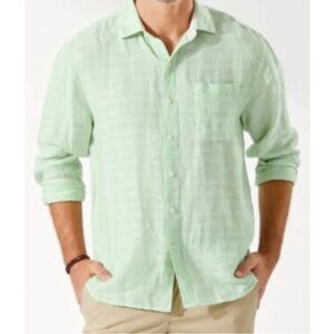 Tommy Bahama Ventana Plaid Linen Shirt in Spring Lime, Casual Beach Comfy- sz L